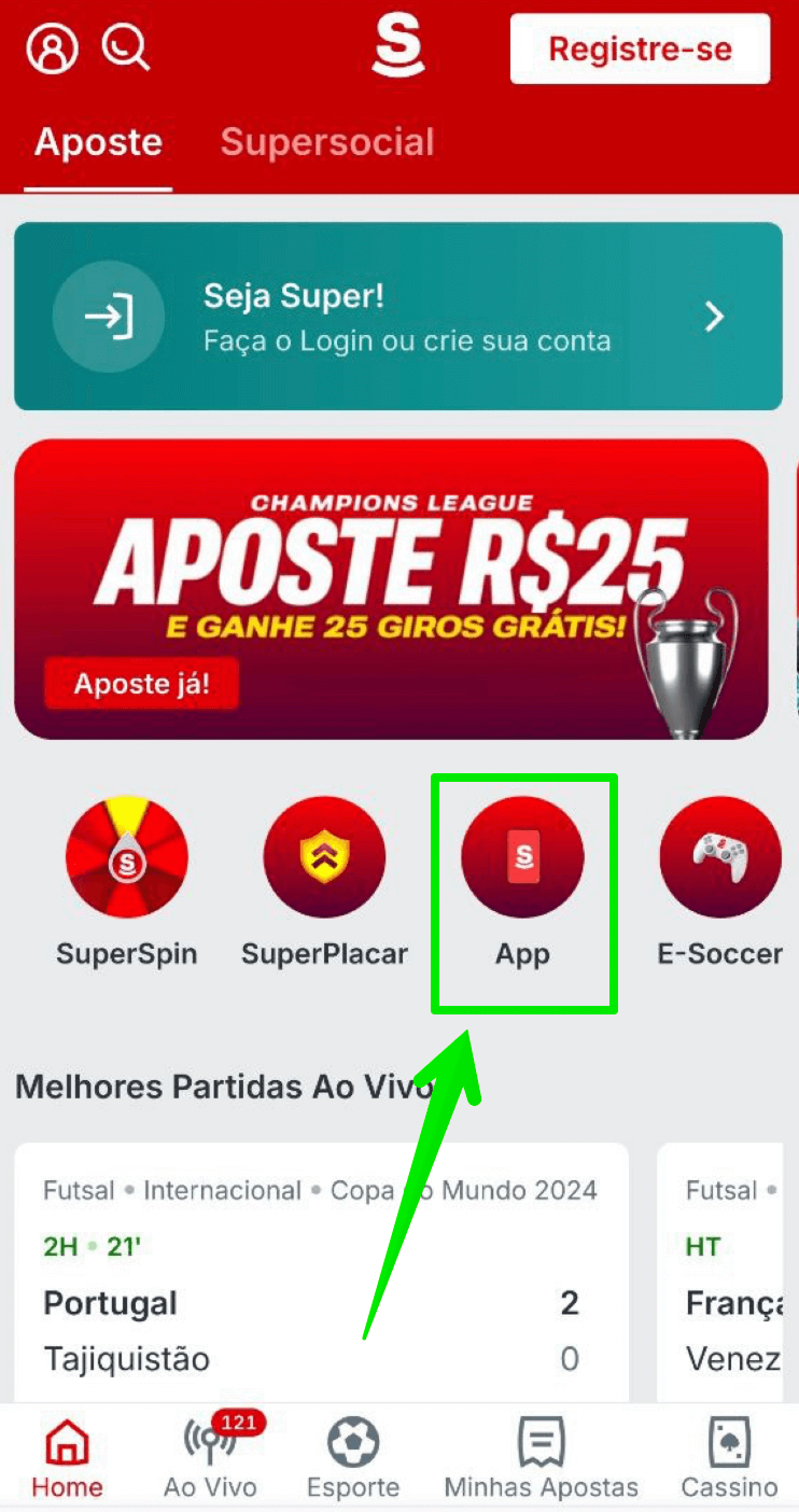 Clique no botão cicular “App”