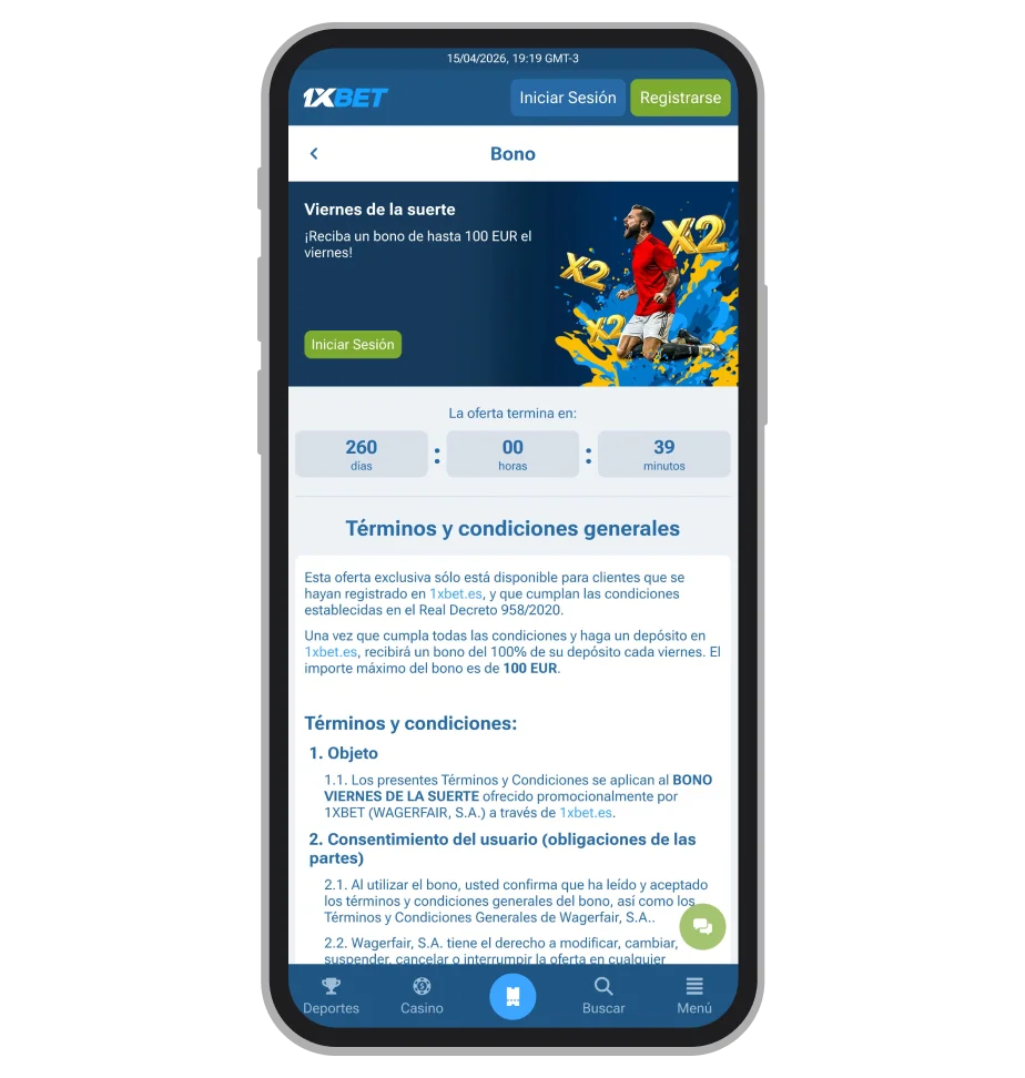 Bono Viernes de la Suerte 1xBet del 100% hasta 100€ cada semana