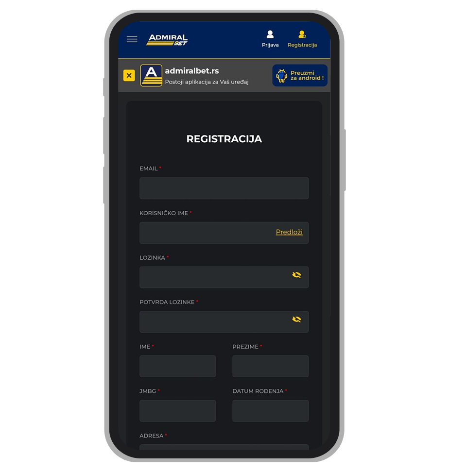 Admiralbet formular za registraciju