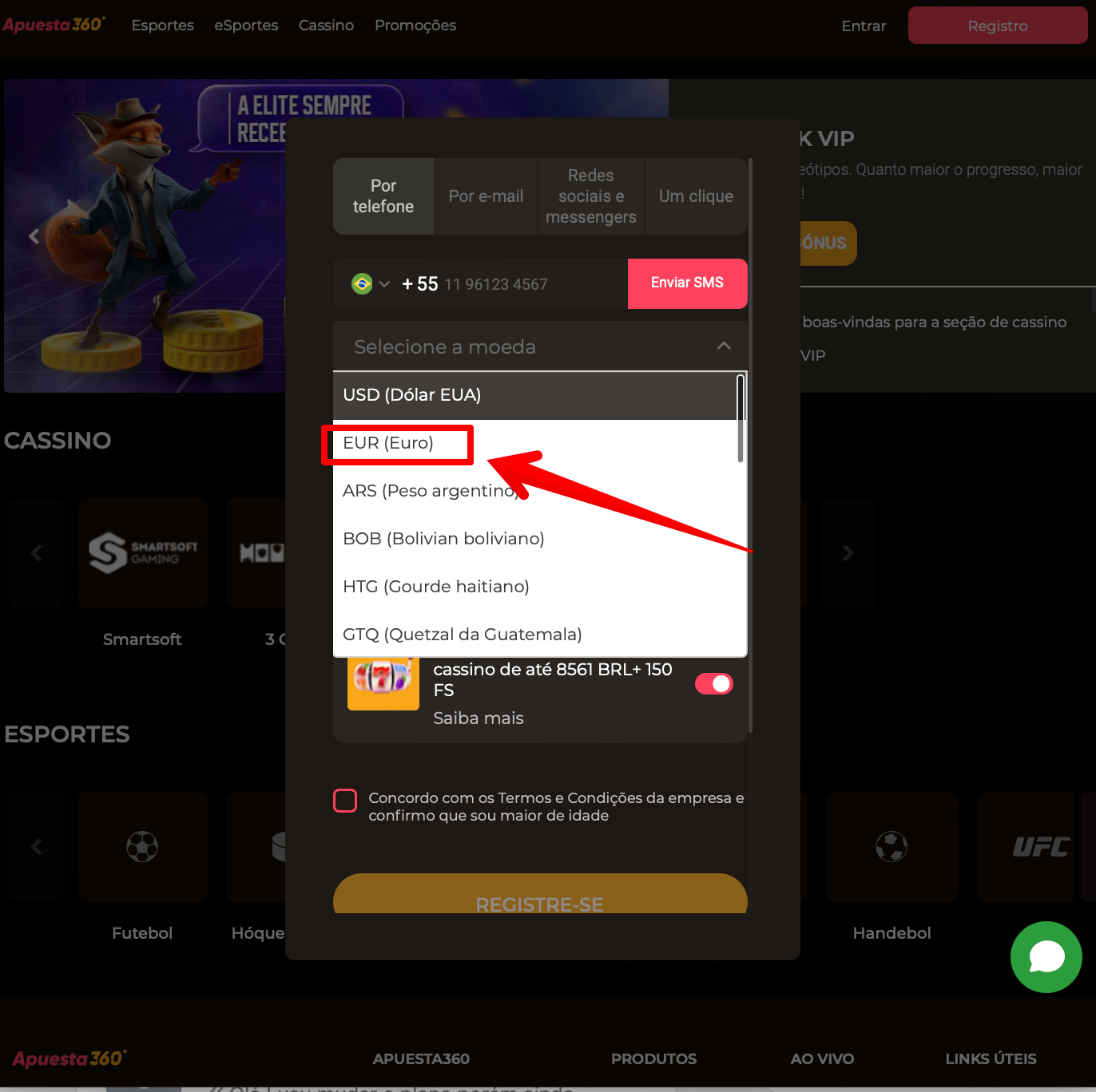 Euro na janela de cadastro da Apuesta360