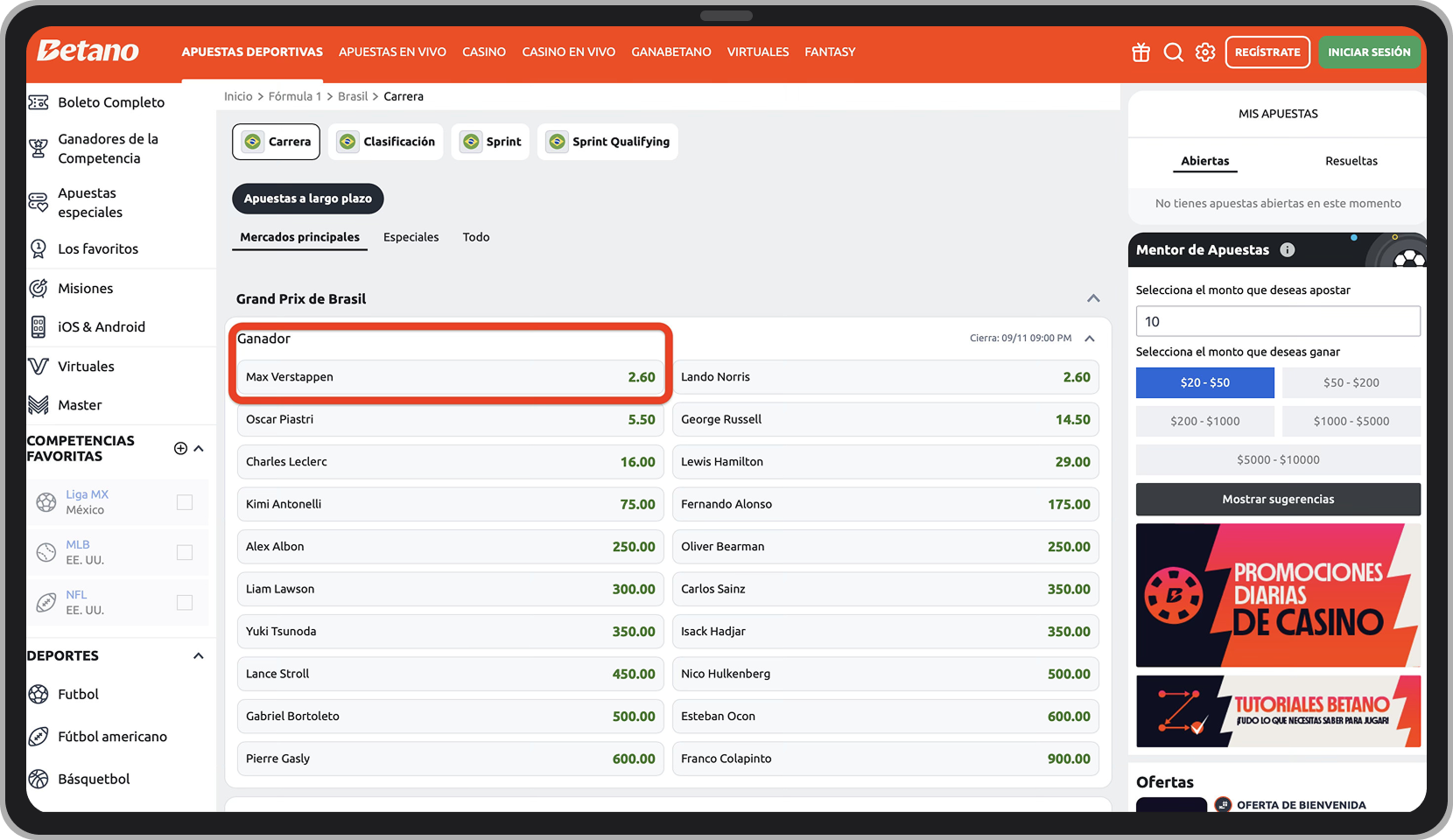 Tercera apuesta. Gran Premio de Brasil, Fórmula 1.