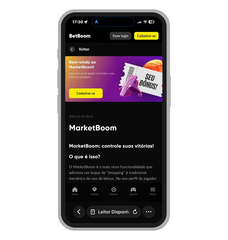 Loja de bônus MarketBoom no perfil do jogador da BetBoom
