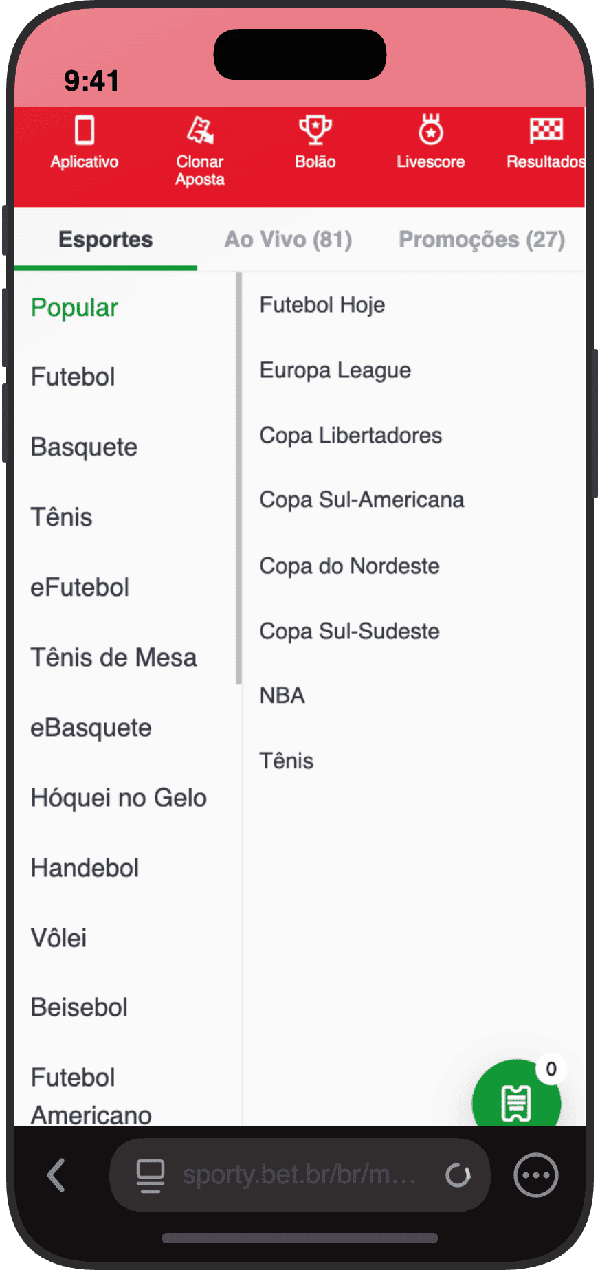Menu de esportes da SportyBet com 17 modalidades e atalhos para competições brasileiras