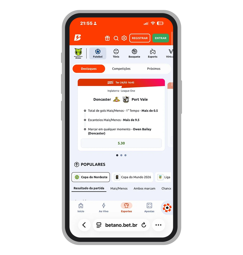 Apostas em futebol no site mobile da Betano
