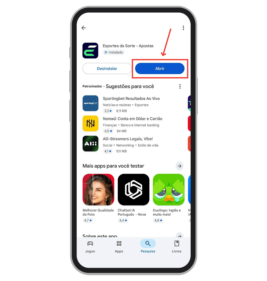 Pressione “Abrir” para accessar o app
