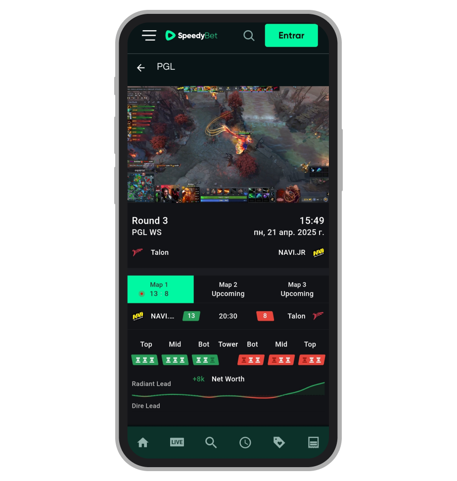 Página de un partido de DOTA 2 con una transmisión de video