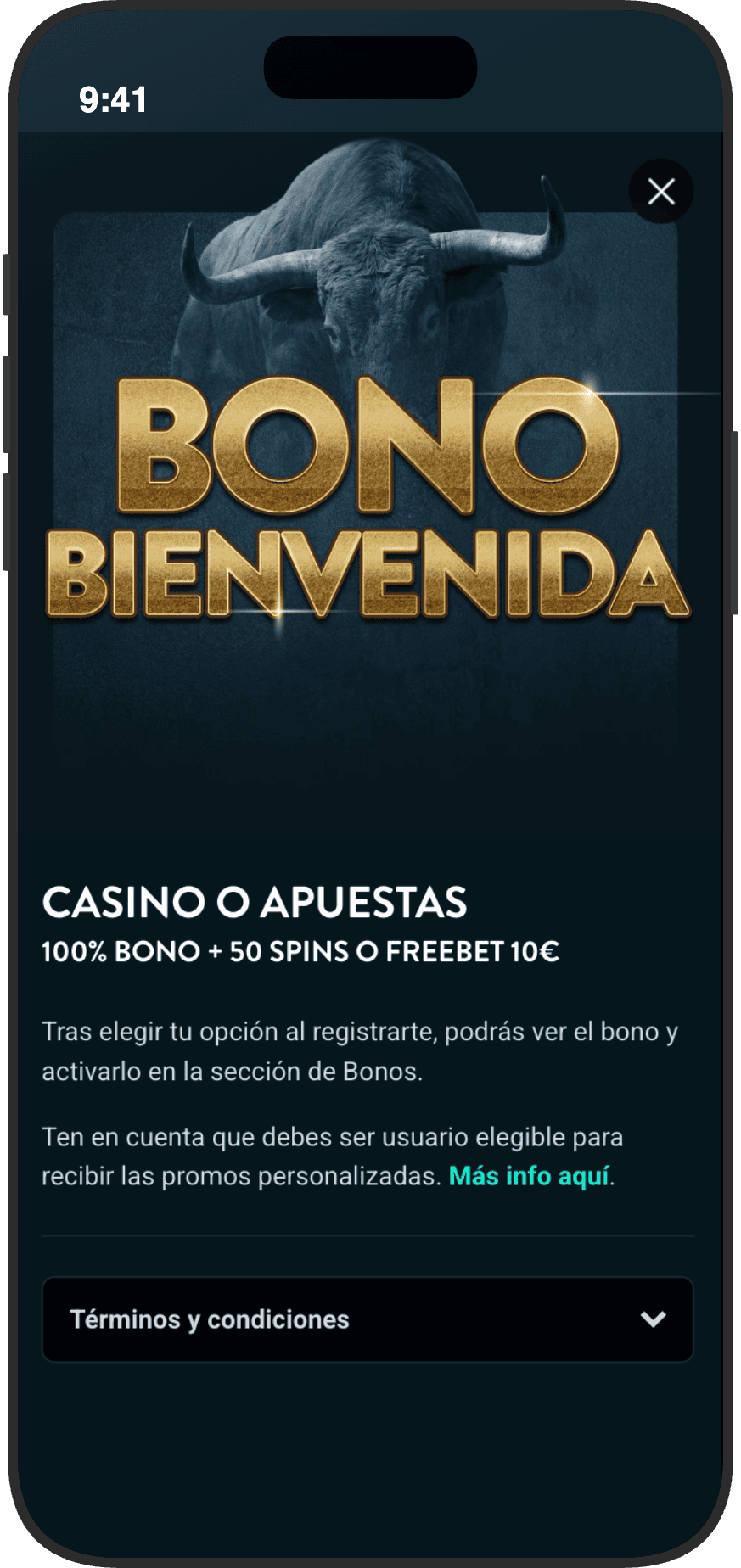 Detalle del bono de bienvenida de Golden Bull España: elige entre casino con 100% más 50 tiradas gratis o apuestas con freebet de 10€ al registrarte