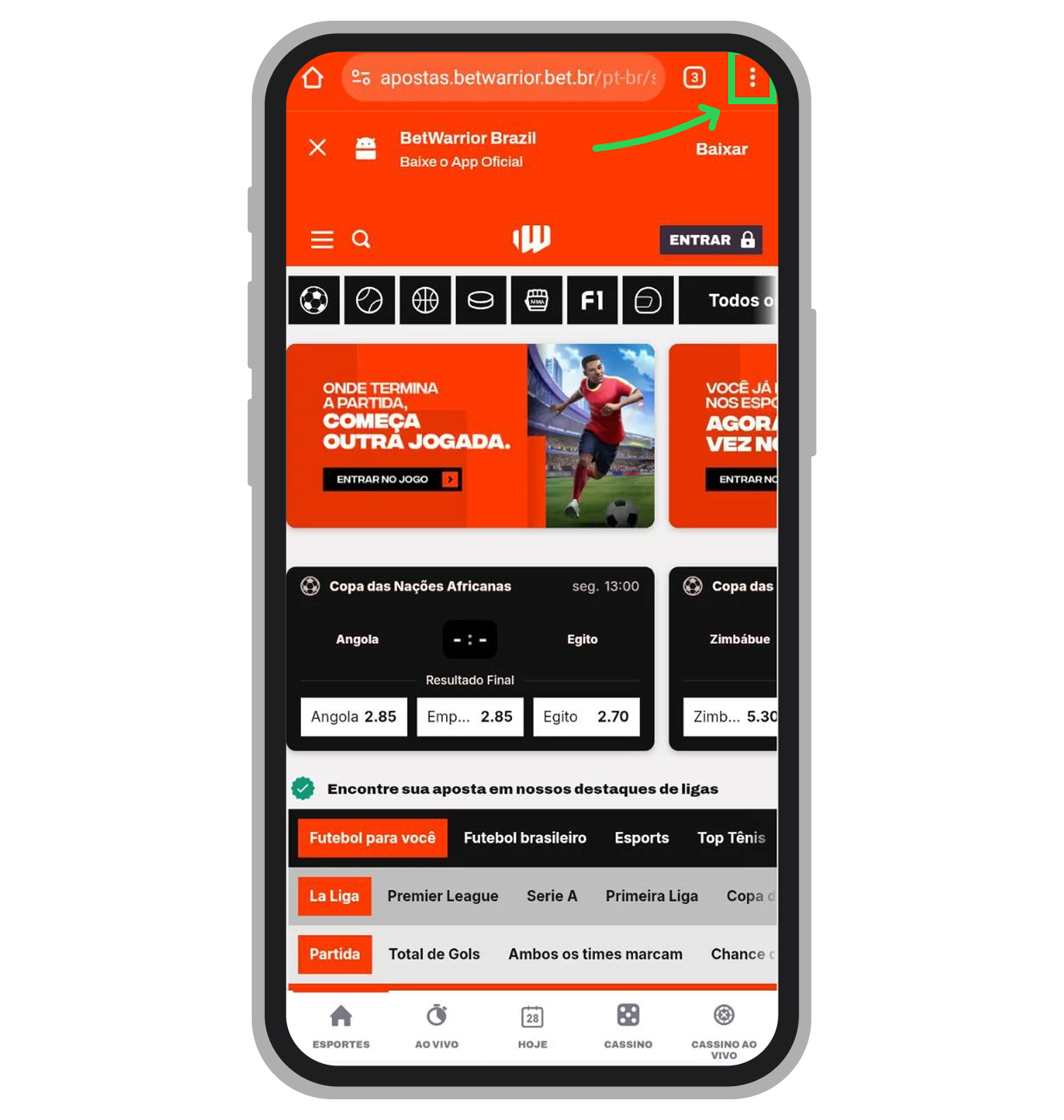 Toque no ícone de três pontos superiores para acessar as configurações de personalização do navegador