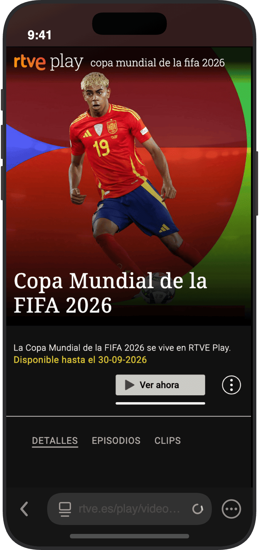 Sección Copa Mundial de la FIFA 2026 en la plataforma RTVE Play con botón Ver ahora para ver los partidos gratis