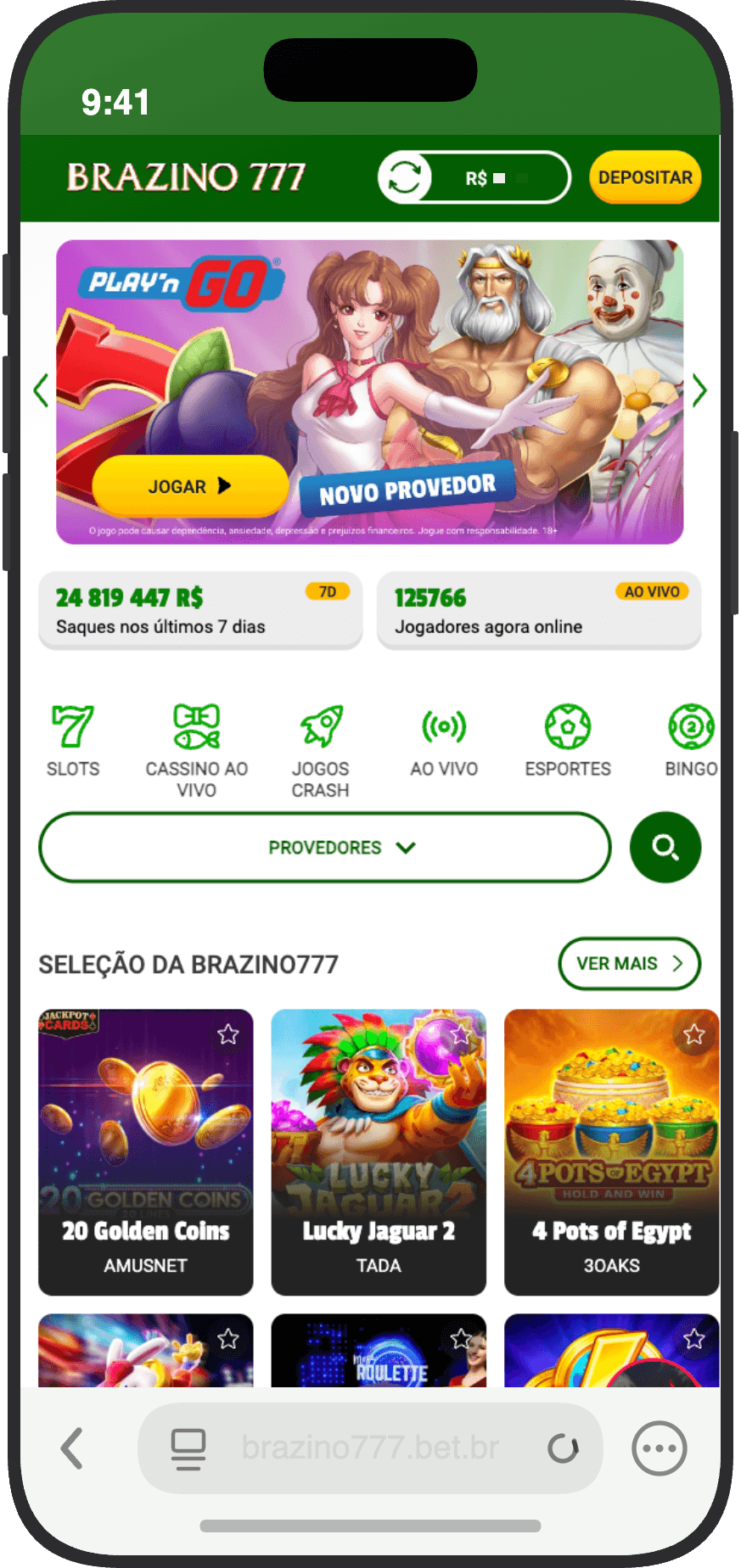Tela principal da Brazino777 com destaque para cassino