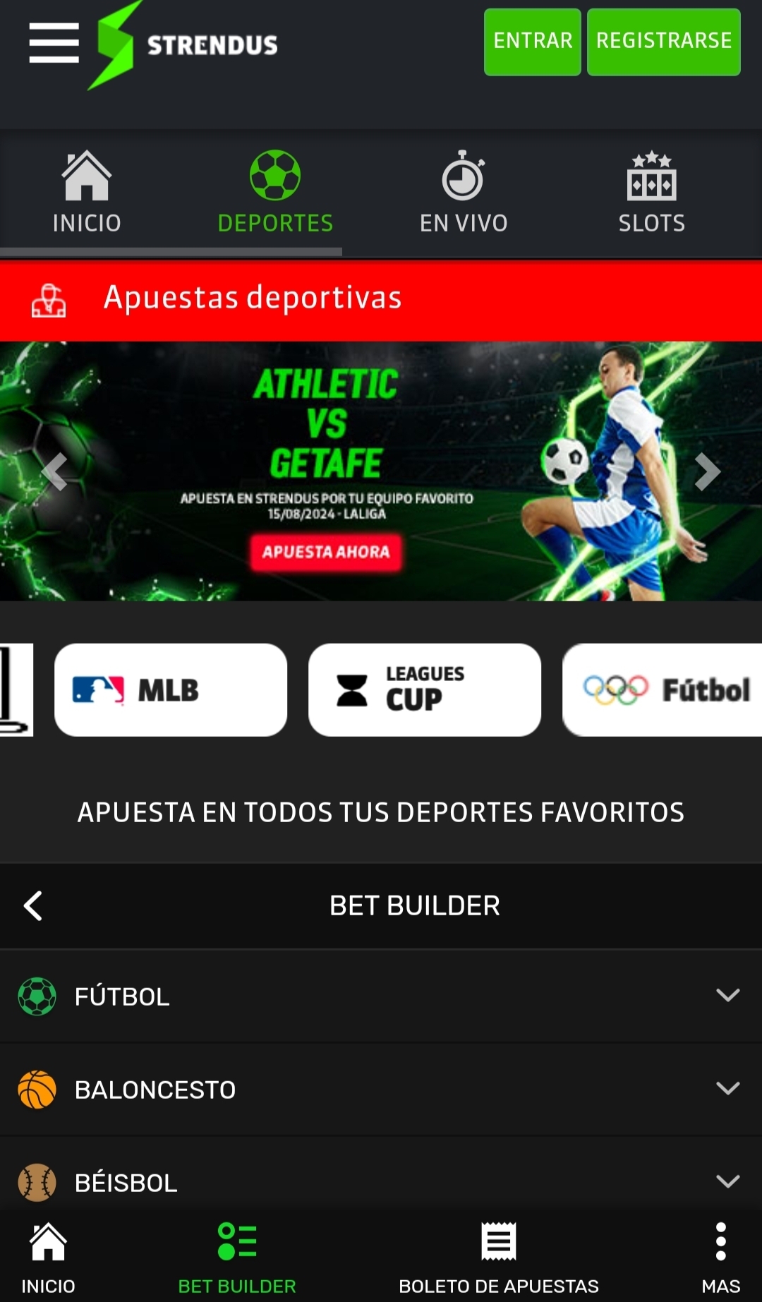 Sección de Bet Builder, formato móvil