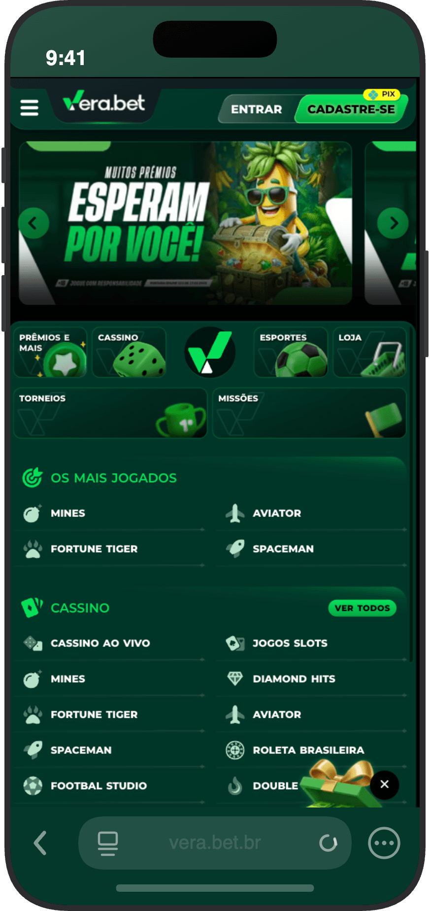 Menu de navegação da Vera.bet com seções de Cassino, Esportes, Torneios, Missões e jogos mais populares