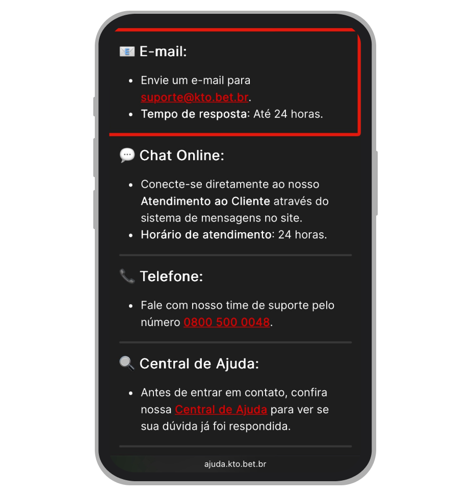 Opção de contato por e-mail no suporte