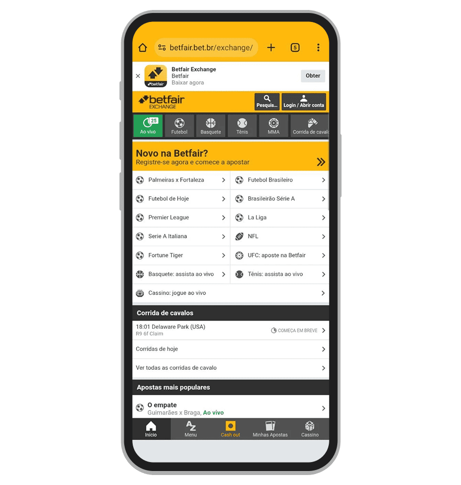 A Betfair Exchange acessado do app