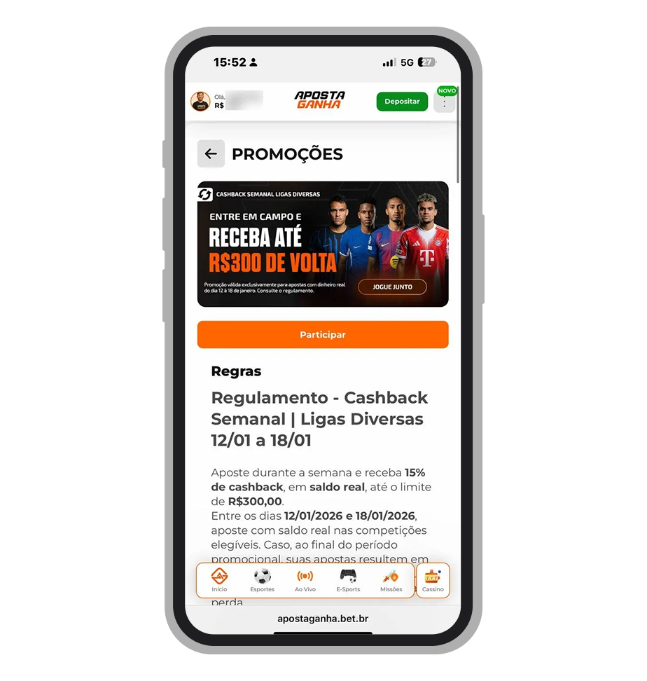 Bônus de Cashback Semanal da Aposta Ganha com reembolso de até R$300