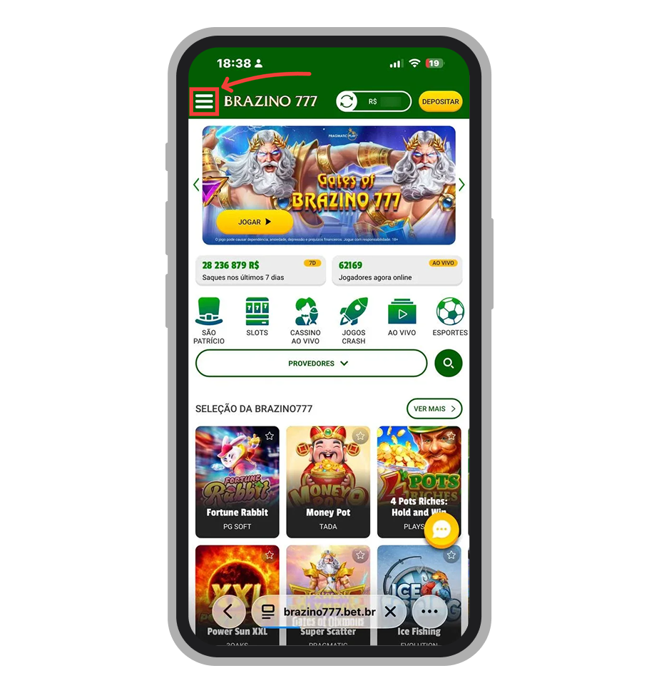 Acesse o menu da Brazino777