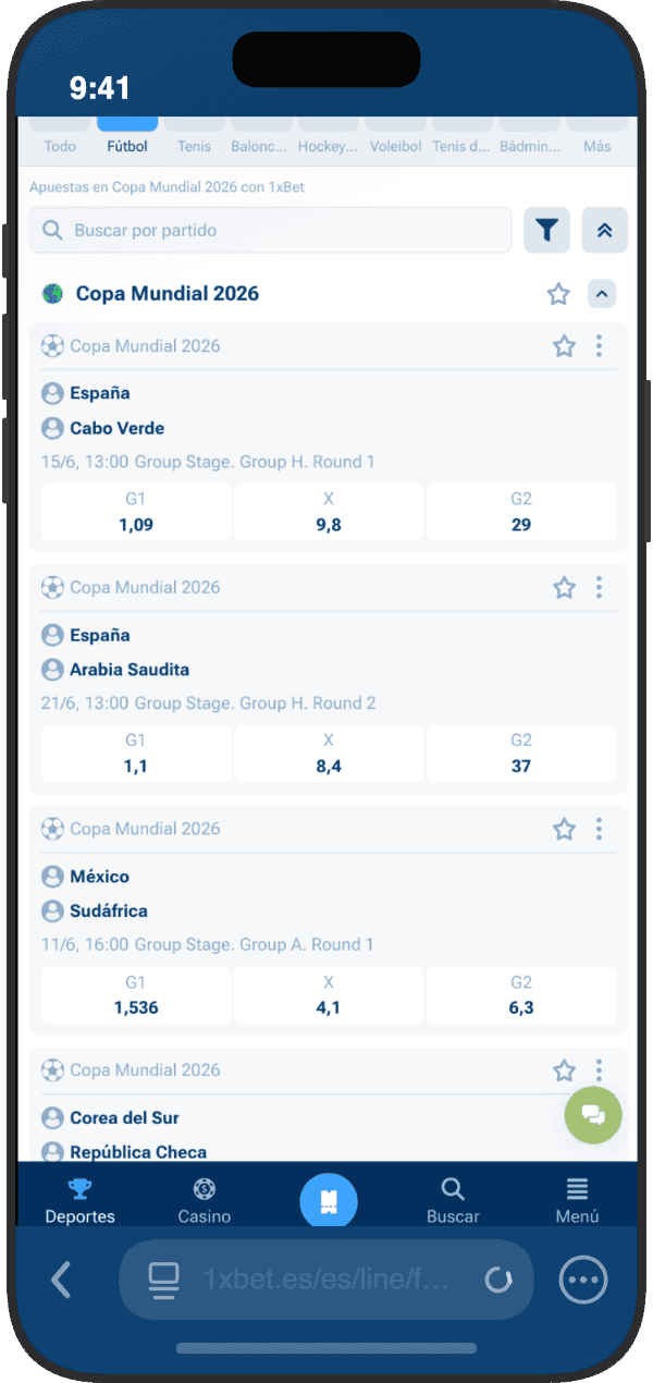 Partidos de España en la Copa Mundial 2026 en 1xBet con cuotas 1X2 para España vs Cabo Verde y España vs Arabia Saudita del Grupo H