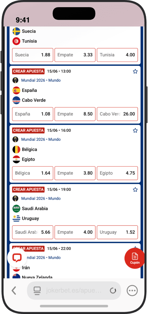 Partidos del Mundial 2026 en JOKERBET con cuotas 1X2 de España vs Cabo Verde, Bélgica vs Egipto y Arabia Saudí vs Uruguay