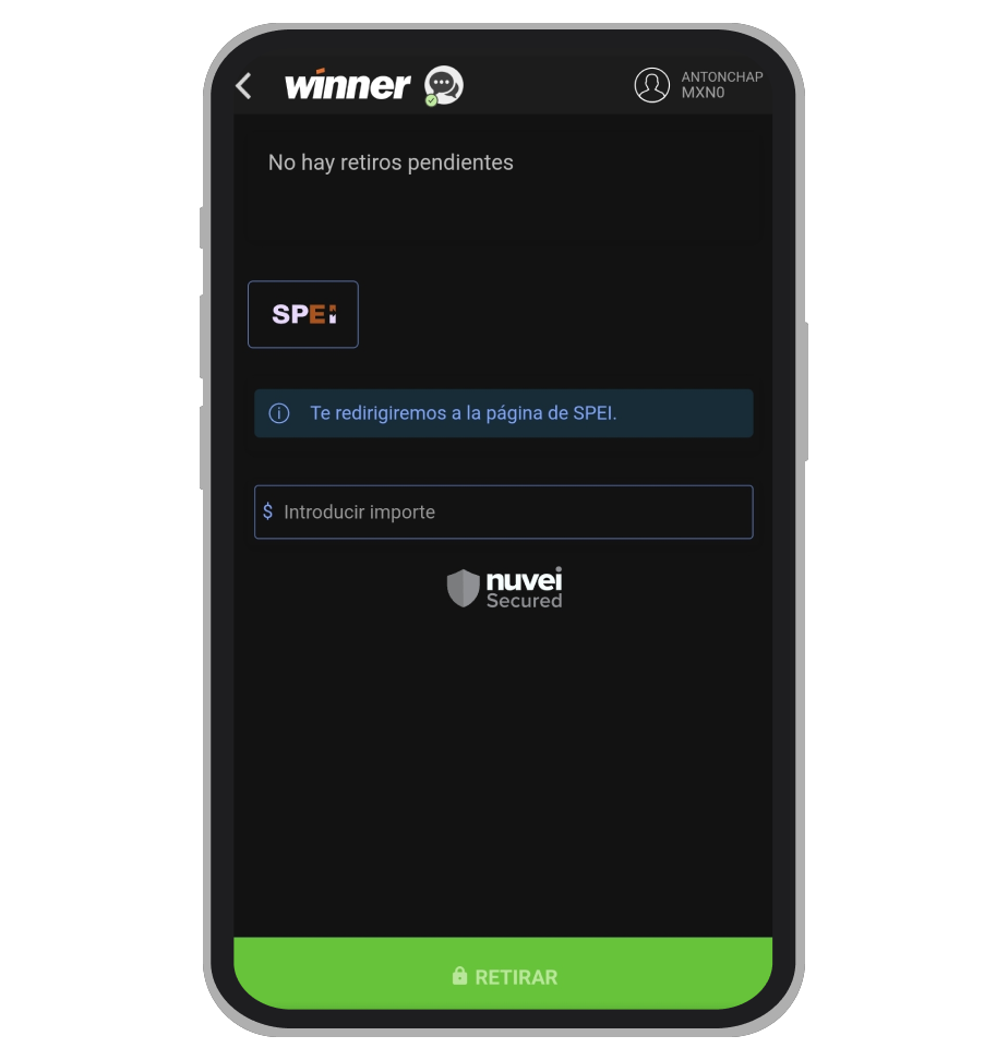 Retiros en App de Winner.mx
