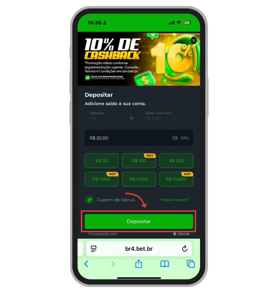 Digitamos o valor de depósito  e confirmamos