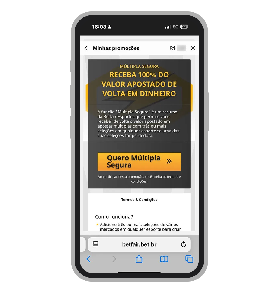 Promoção Múltipla Segura Betfair: receba 100% de reembolso em dinheiro se errar apenas uma seleção 