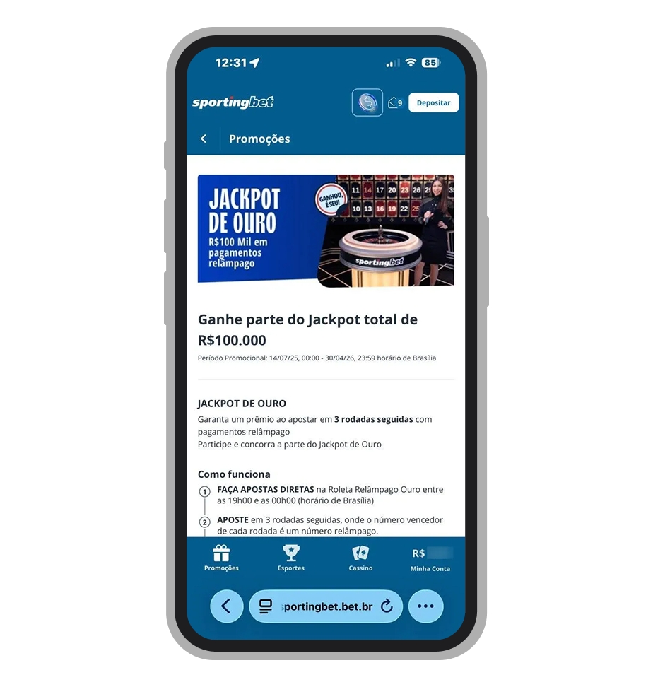 Página do Jackpot de Ouro da Sportingbet mostrando prêmio total de R$ 100 mil