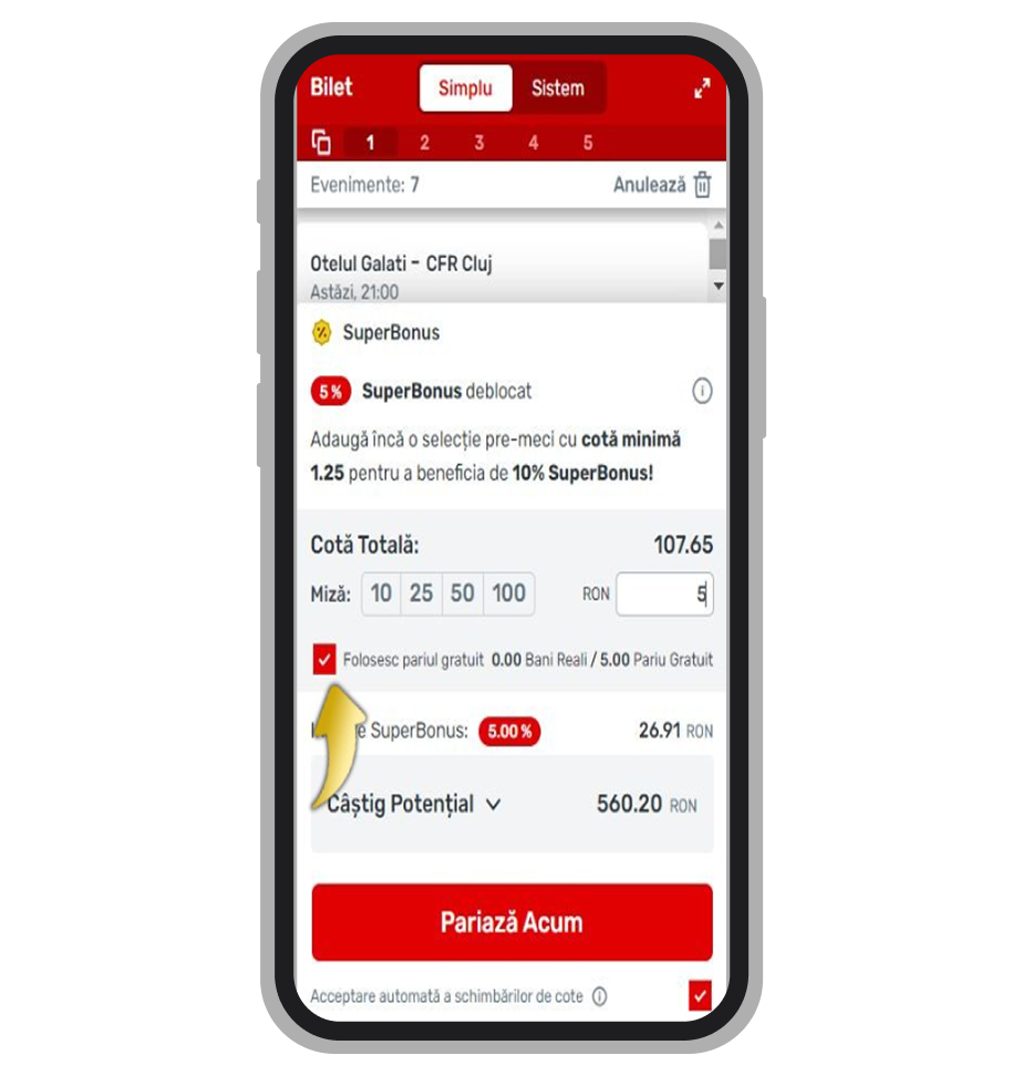 Bilet de pariu: selectarea freebetului ca miză înainte de confirmarea pariului.