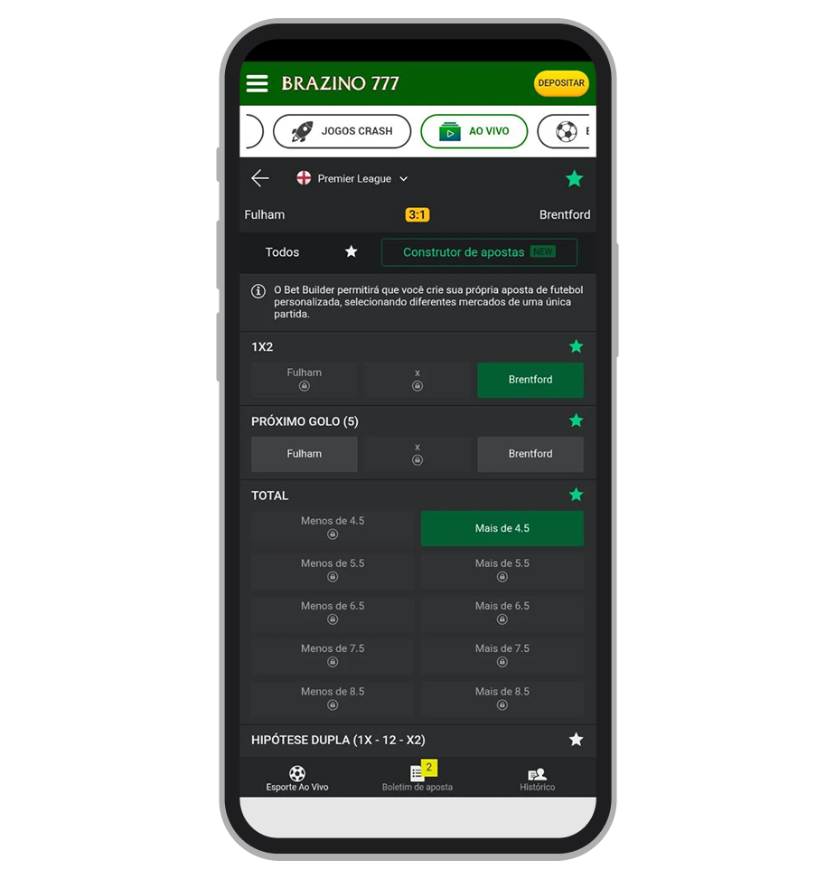 Construtor de apostas no app Brazino777 