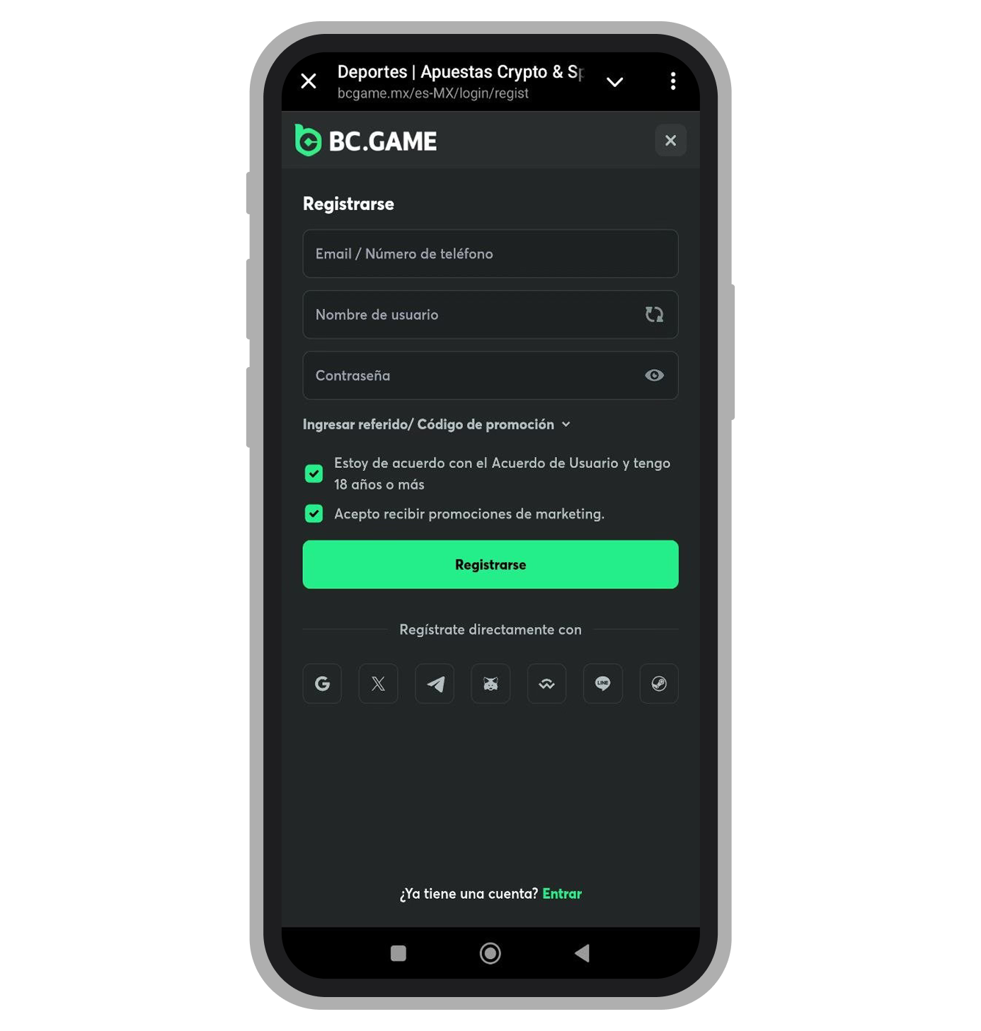 Ventana de registro. BC.Game