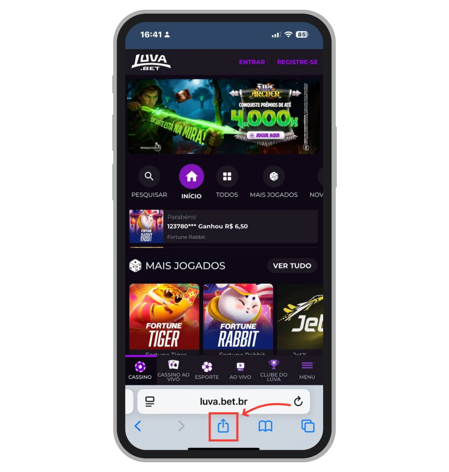 Toque no botão compartilhar de Safari