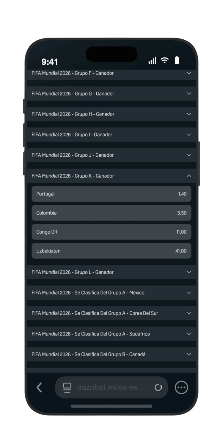 Cuotas del mercado Ganador del Grupo K en DAZN Bet: Portugal 1.40, Colombia 3.50, Congo DR 11.00 y Uzbekistán 41.00