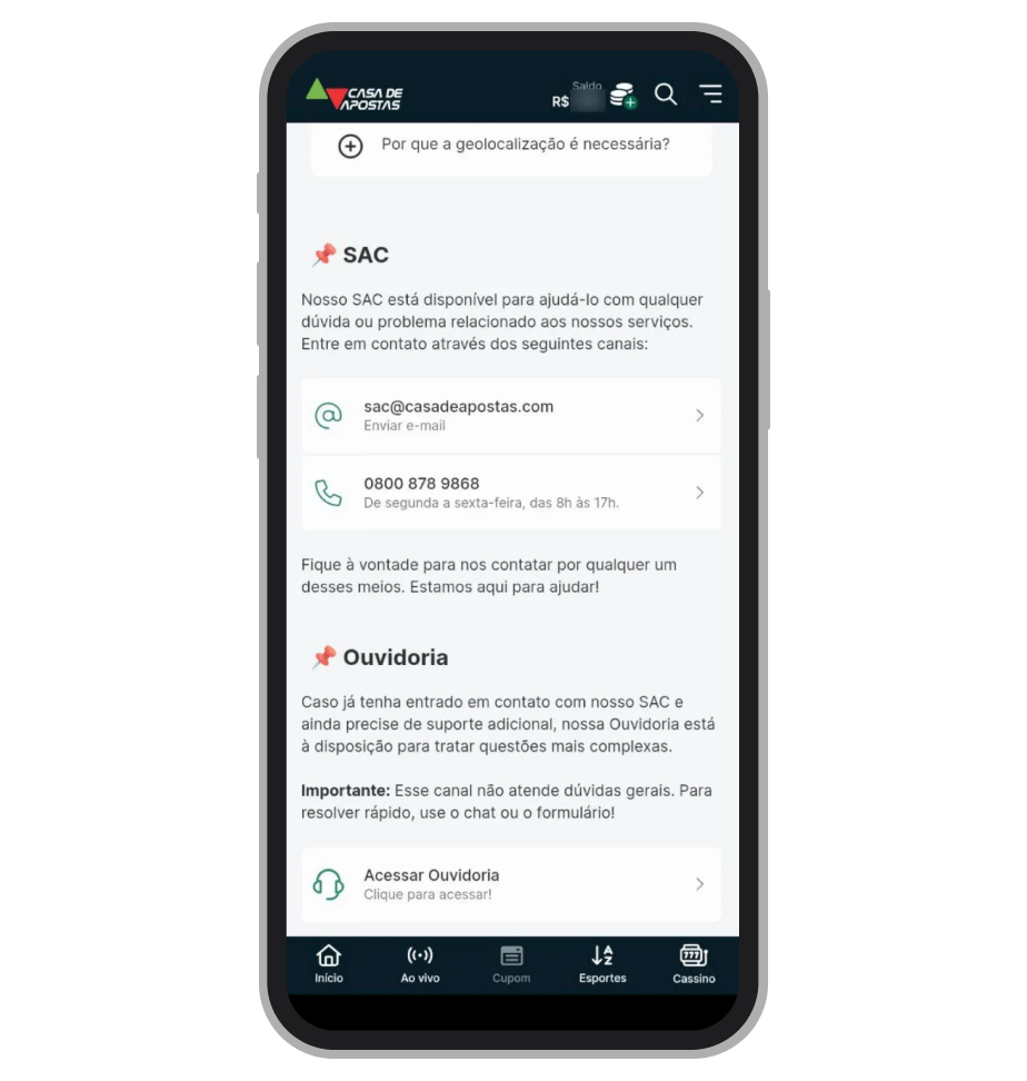 Se o chat ao vivo não estiver disponível pode usar e-mail ou telefone