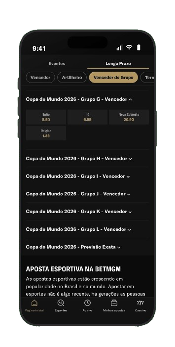 Odds do vencedor do Grupo G na BetMGM: Bélgica 1,36, Egito 5,50, Irã 6,95 e Nova Zelândia 20,90