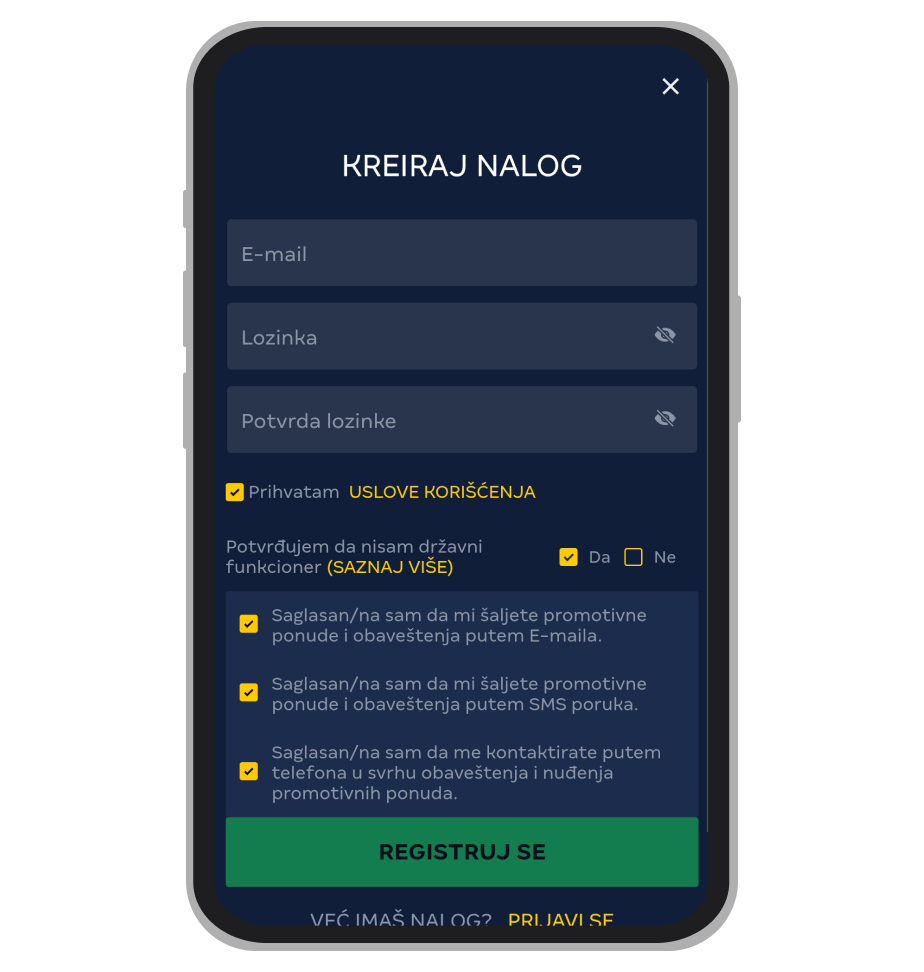Stranica za registraciju na MerkurXtip