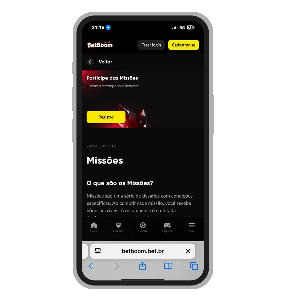Página "Missões" no site mobile da BetBoom 