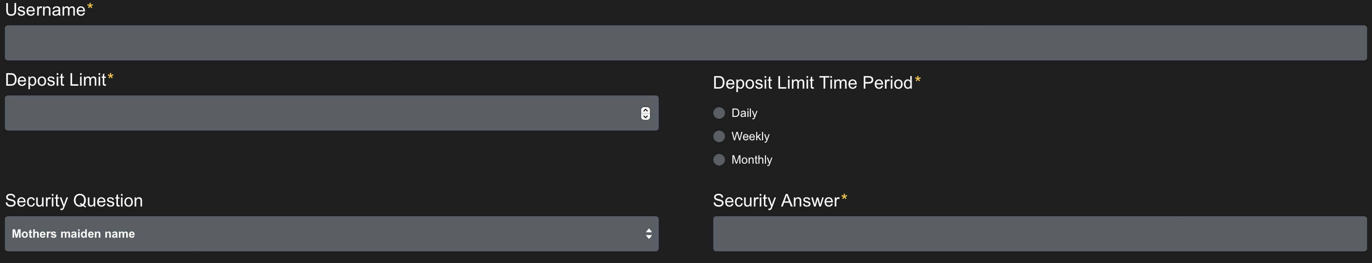 Choose a deposit limit and a security question