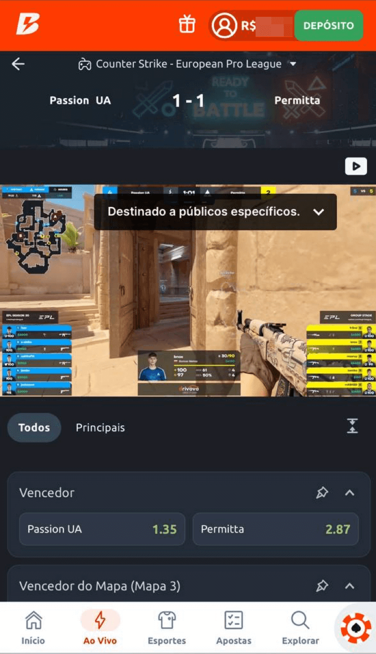 As transmissões ao vivo de jogo CS2 no site Betano