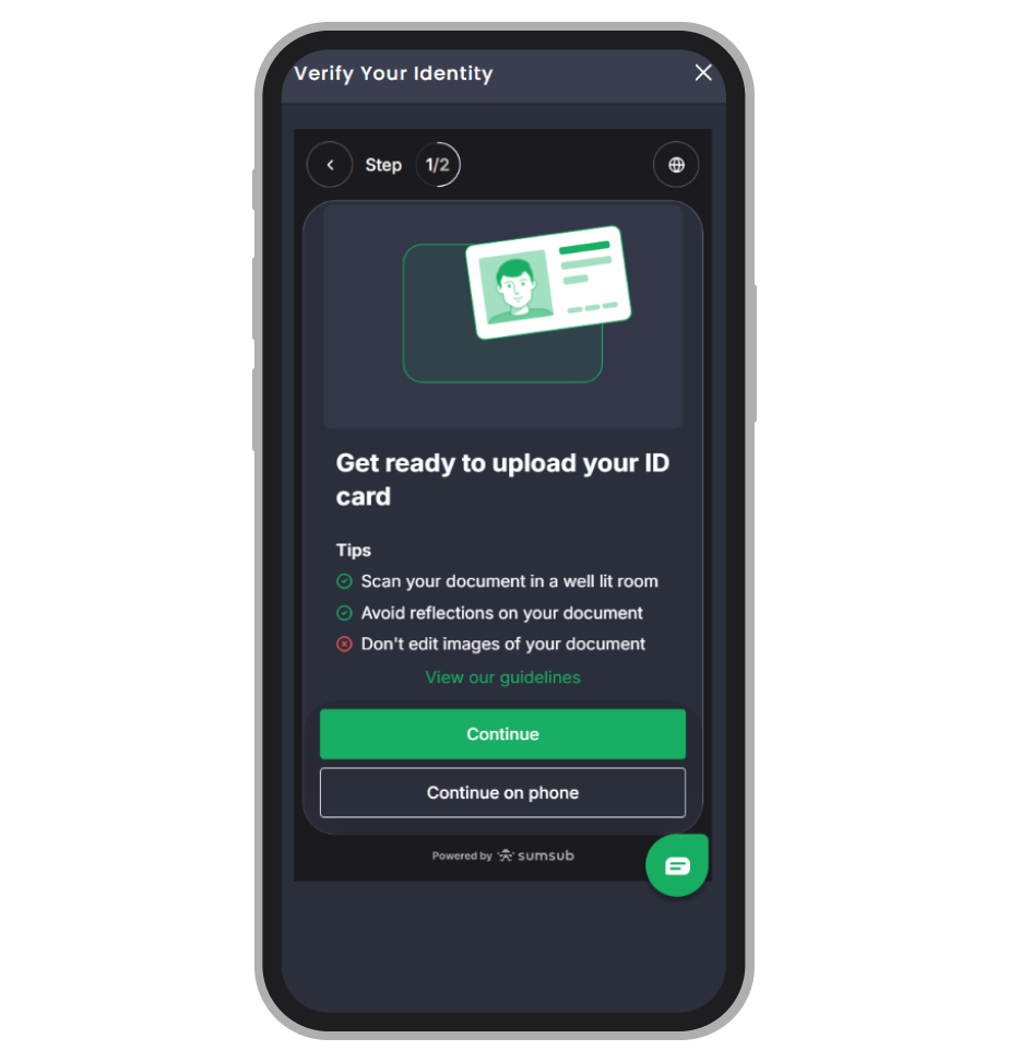 7bet document-capture screen, powered by Sumsub, for photographing the ID page