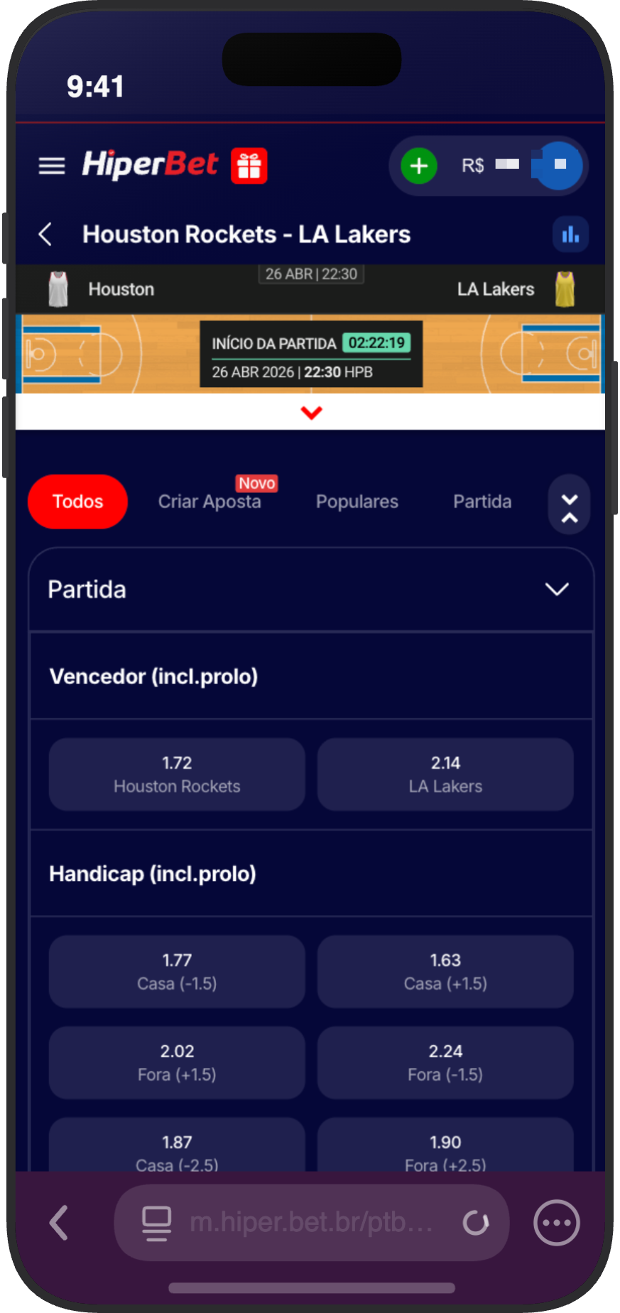 Detalhe da partida Houston Rockets vs LA Lakers na HiperBet com odds, handicap e mercados de partida