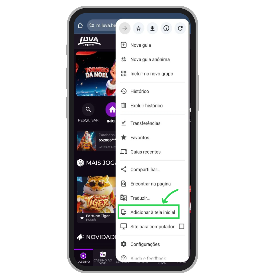 Selecione a opção "Adicionar à tela inicial" para converter o site em um acesso rápido