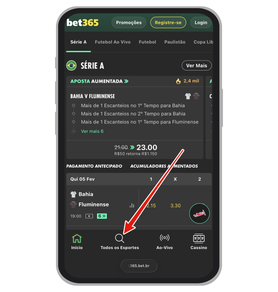 Menu de esportes da Bet365