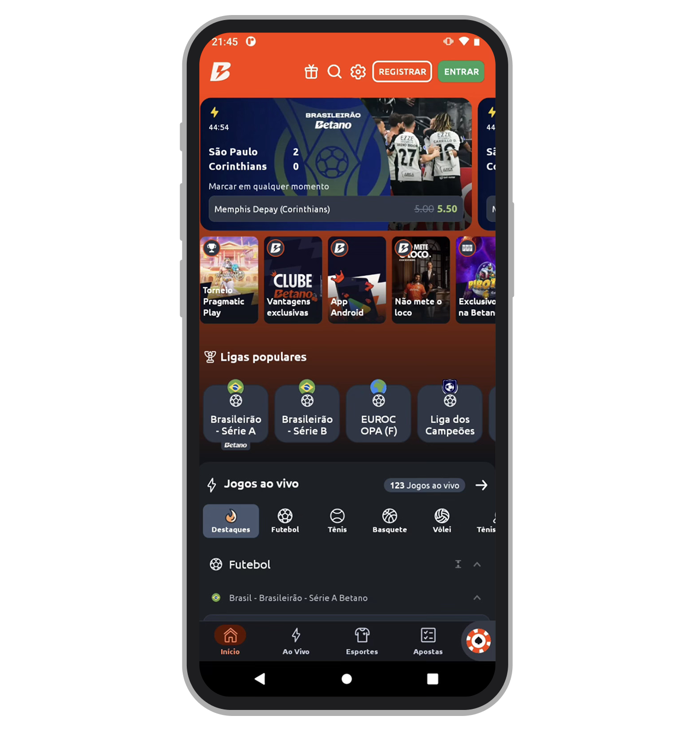 A tela inicial do aplicativo Betano 