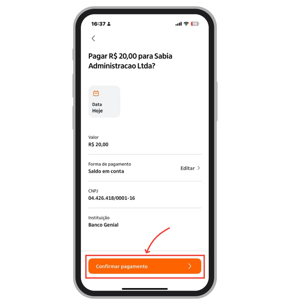 Inserimos o código no app bancário e confirmamos o pagamento
