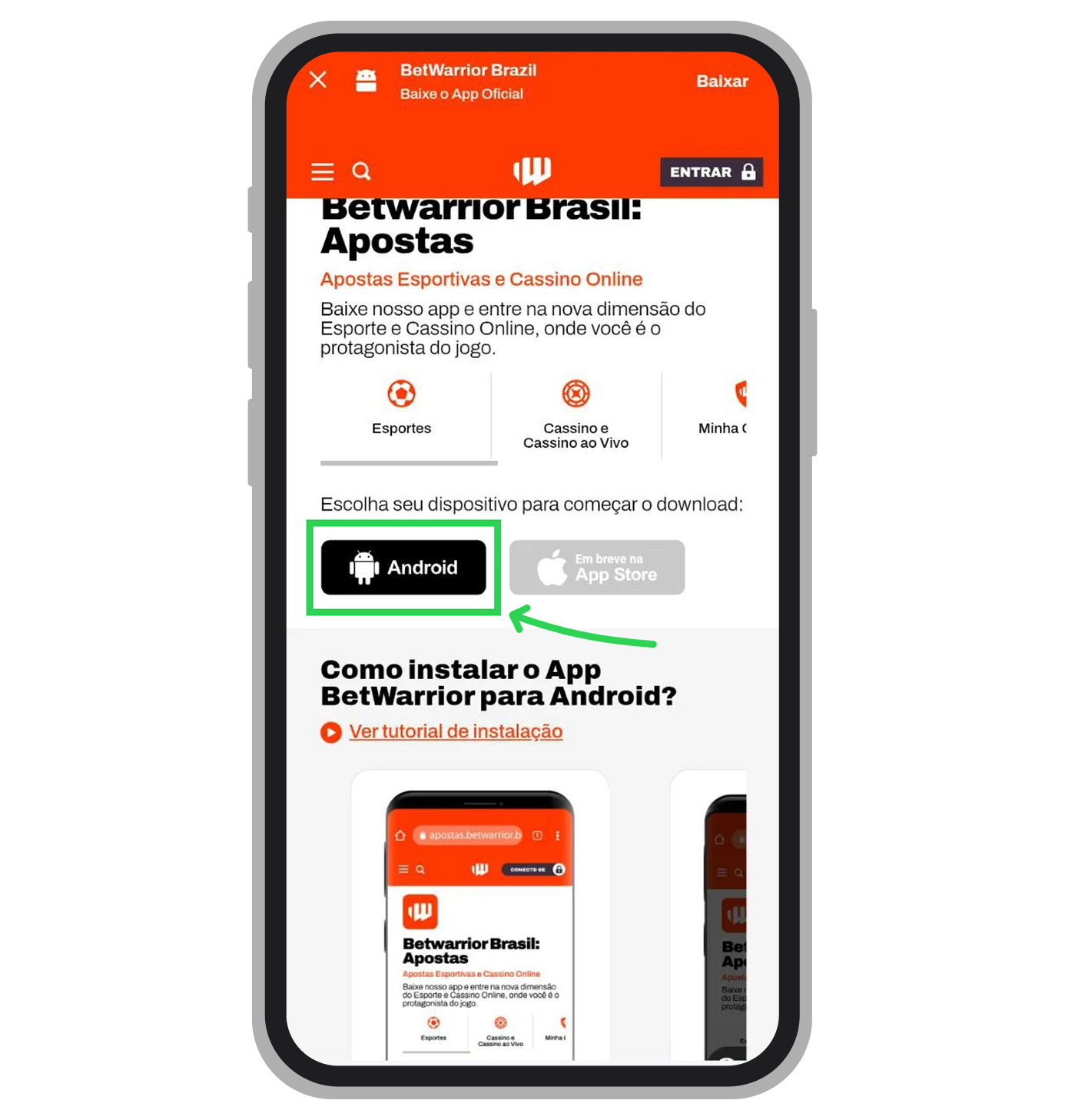 Clique no botão "Android" para autorizar e iniciar o download seguro do arquivo no celular