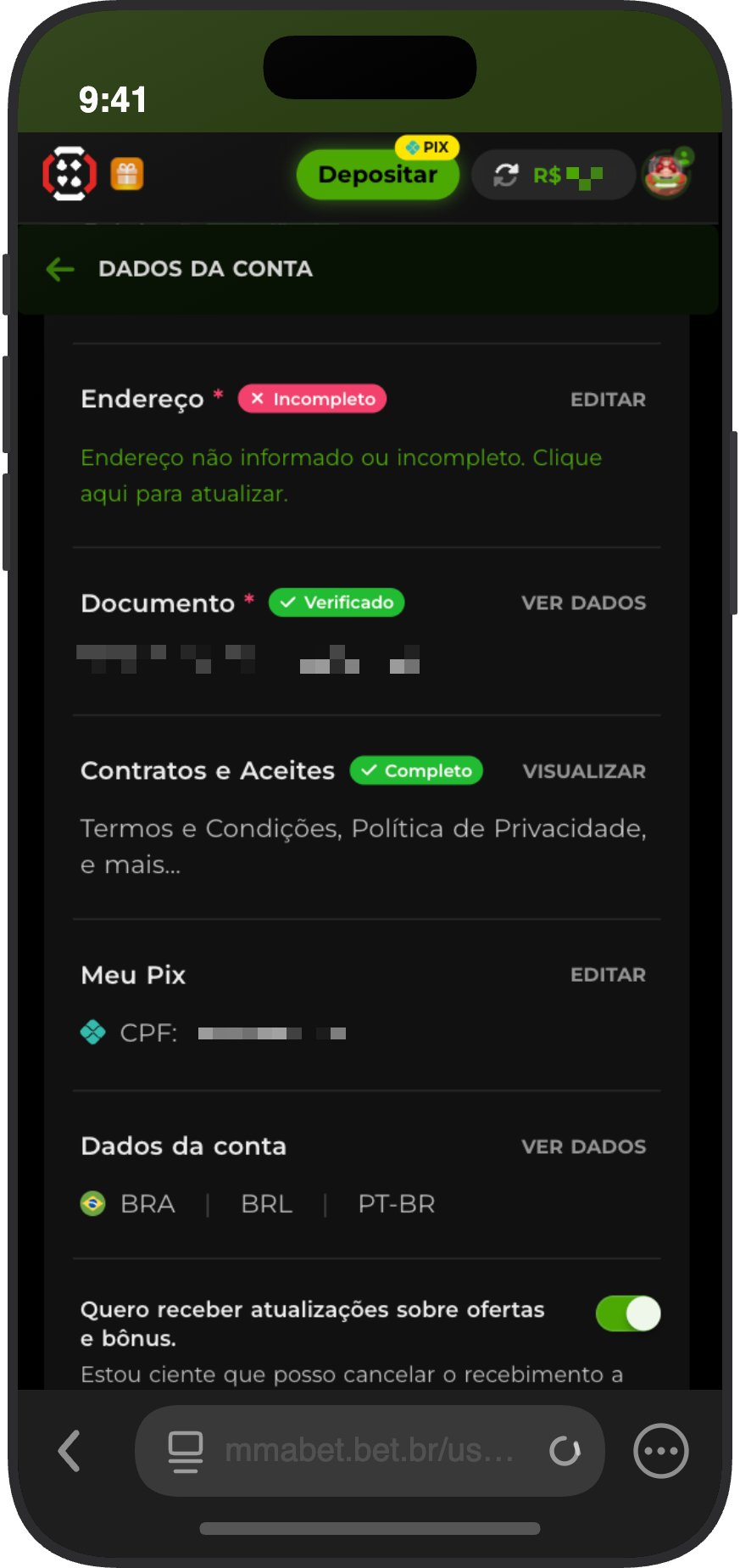 Tela de dados da conta do usuário na MMABet mostrando endereço, documento e configurações Pix