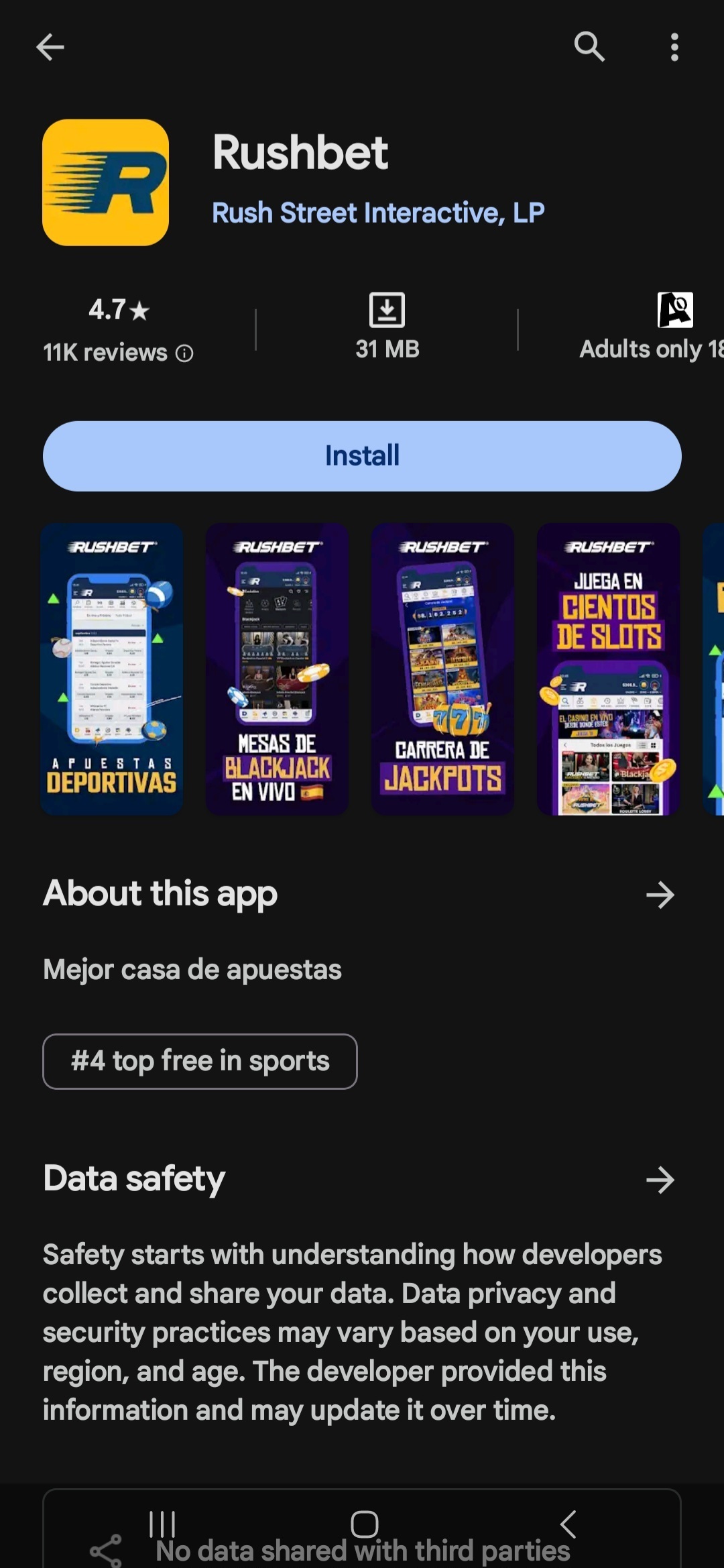 Página de aplicación móvil de Rushbet Colombia en Google Play Store (versión Android)