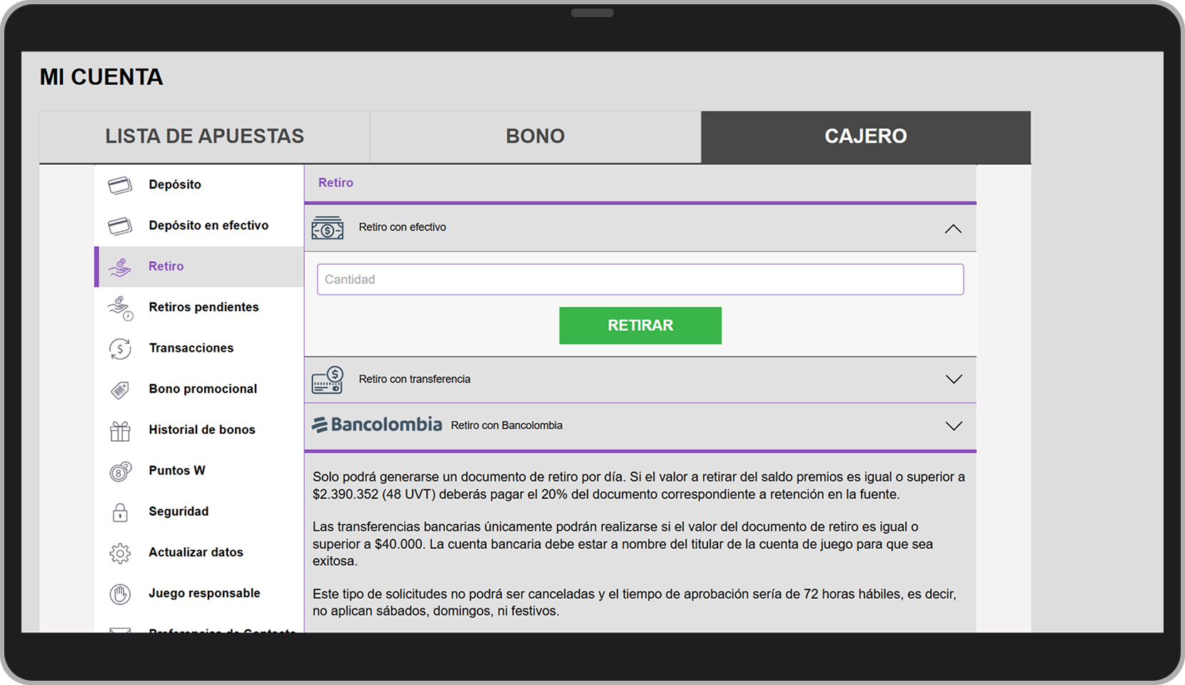 Retirar de Wplay en efectivo PC