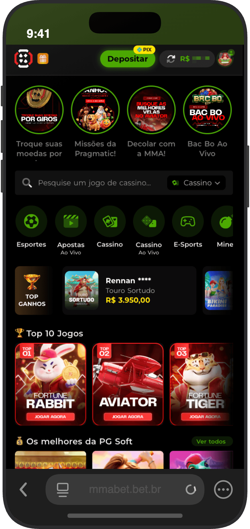 Página inicial do cassino MMABet com jogos populares e categorias