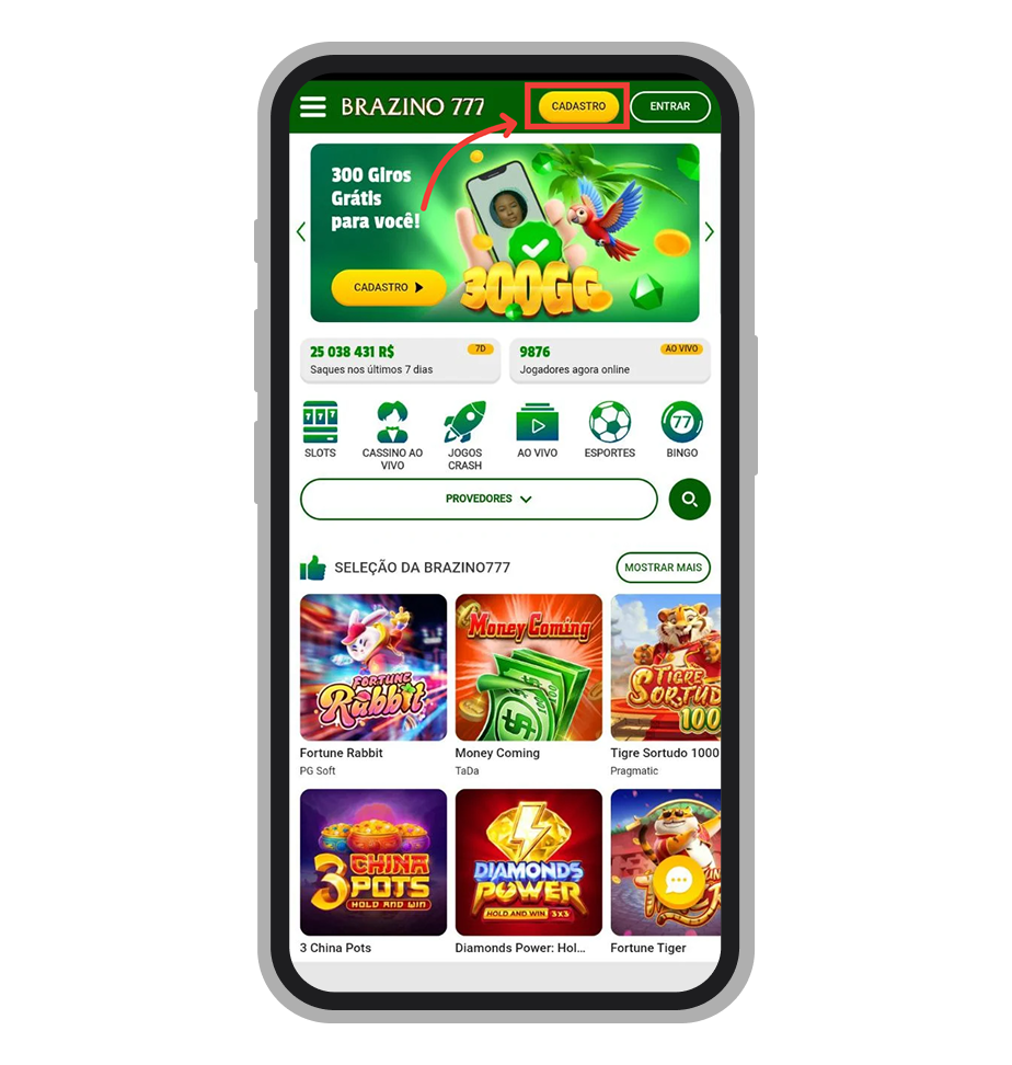 Tela inicial do app Brazino777 destacando o botão de cadastro para novos jogadores