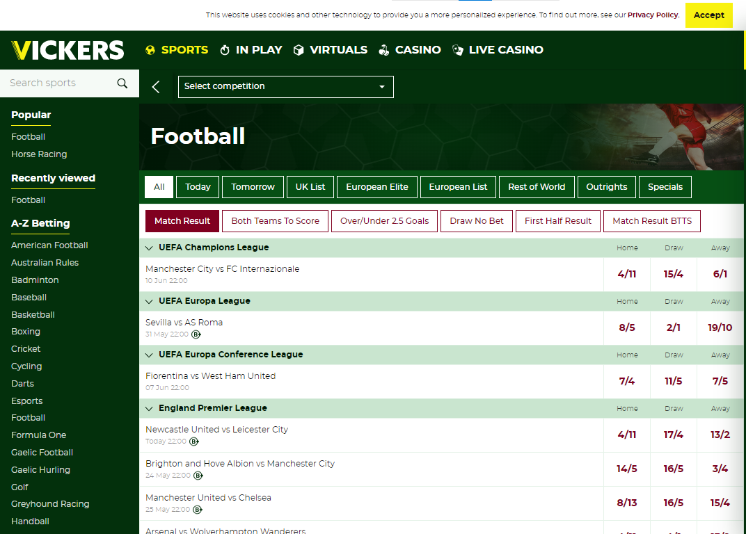 The football betting section at Vickers